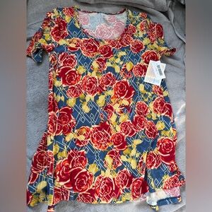 LuLaRoe Blue and Red Rose Tee